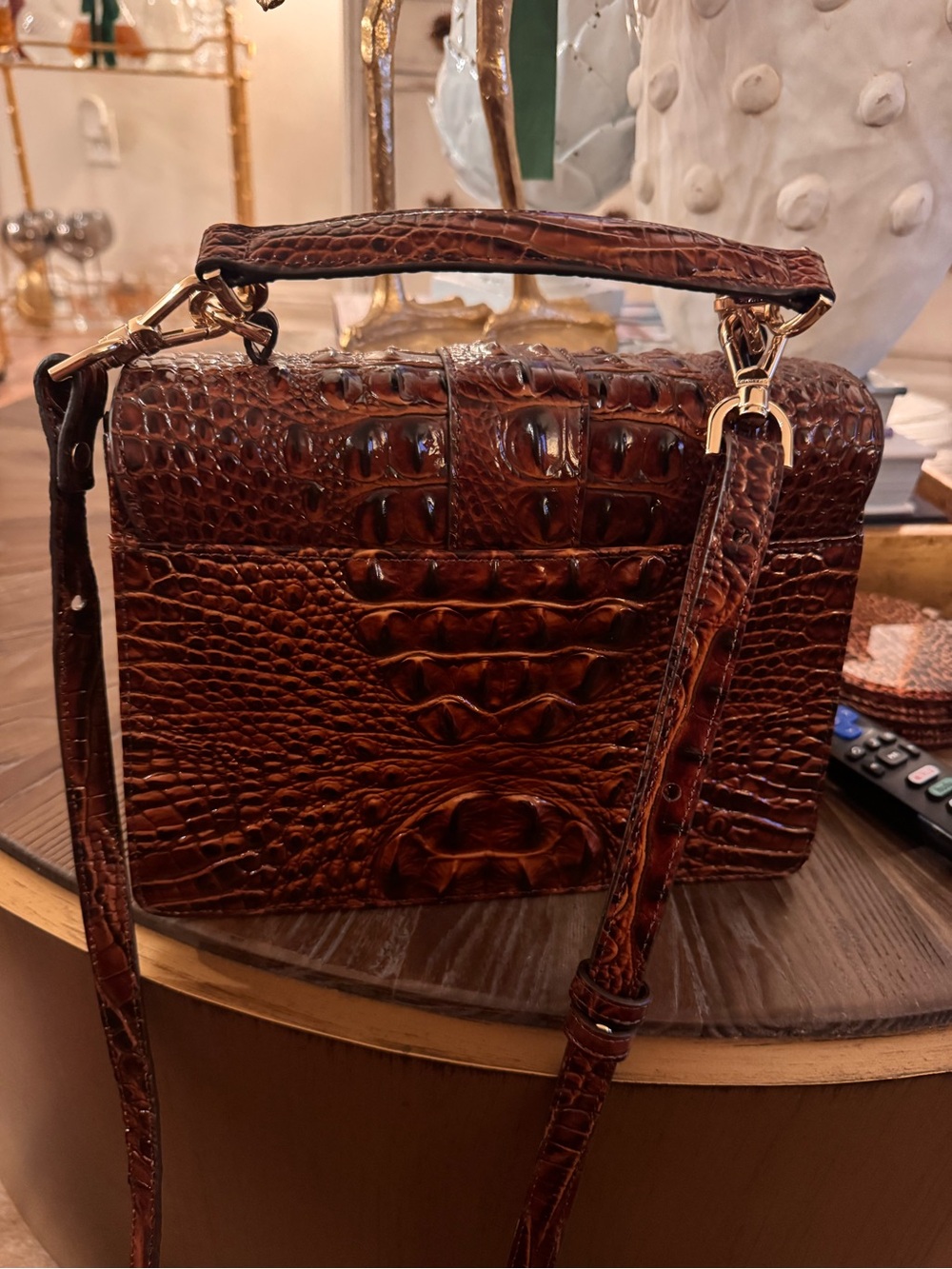 Brahmin Brown Croc-Embossed Leather Top-Handle Shoulder Bag - Picture 2 of 6